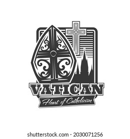 Vatican icon, pope tiara, catholic crucifix and ancient building peaks silhouette. Christianity religion vector emblem with cross, heart of Catholicism Christian symbol isolated on white background