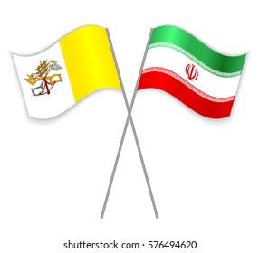 Vatican and Iranian crossed flags. Vatican City State combined with Iran isolated on white. Language learning, international business or travel concept.