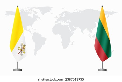 Vatican and Lithuania flags for official meeting against background of world map.