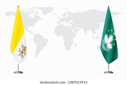 Vatican and Macau flags for official meeting against background of world map.