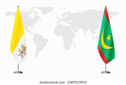 Vatican and Mauritania flags for official meeting against background of world map.