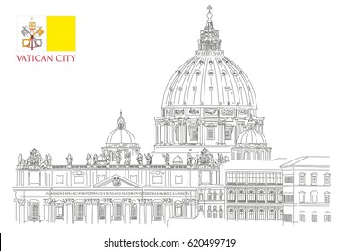 Vatican minimal vector illustration on white background, view of Saint Peters basilica and Vatican flag