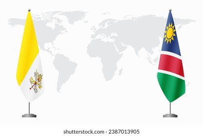 Vatican and Namibia flags for official meeting against background of world map.