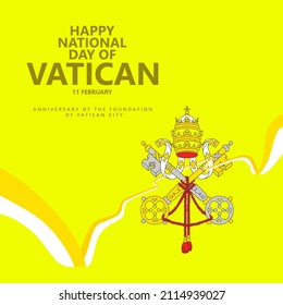 Día Nacional del Vaticano conmemorado basado en el día de fundación de la ilustración vectorial de la Ciudad del Vaticano con una larga bandera y un escudo de armas nacional. Ilustración santa del Estado o del Estado papal. 