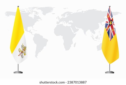 Vatican and Niue flags for official meeting against background of world map.