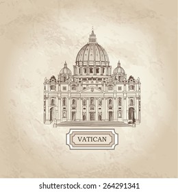 Vatican old paper textured architectural background. St. Peter's Cathedral, Rome, Italy.