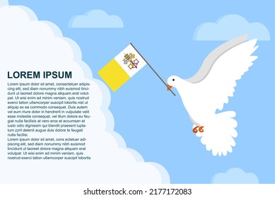 Vatican peace concept with text area, Dove of Peace bird with Vatican flag in its beak, dove flying in the clouds, vector illustration design, Vatican peace day template, freedom idea