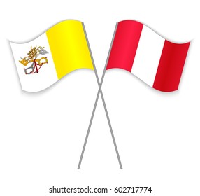 Vatican and Peruvian crossed flags. Vatican City State combined with Peru isolated on white. Language learning, international business or travel concept.