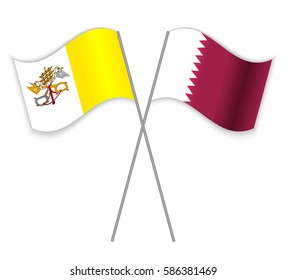 Vatican and Qatari crossed flags. Vatican City State combined with Qatar isolated on white. Language learning, international business or travel concept.
