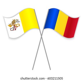 Vatican and Romanian crossed flags. Vatican City State combined with Romania isolated on white. Language learning, international business or travel concept.
