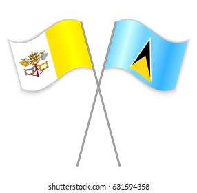Vatican and Saint Lucian crossed flags. Vatican City State combined with Saint Lucia isolated on white. Language learning, international business or travel concept.