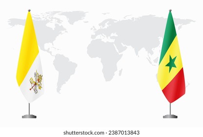 Vatican and Senegal flags for official meeting against background of world map.