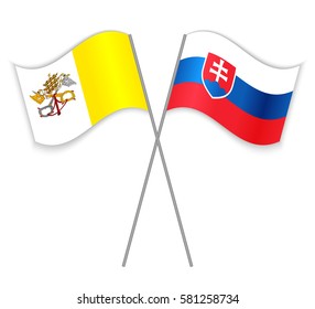 Vatican and Slovak crossed flags. Vatican City State combined with Slovakia isolated on white. Language learning, international business or travel concept.