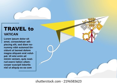 Vatican travel vector banner with paper flag and text space, Vatican country flag on paper plane, holiday and vacation concept, summer travel template and pattern, flight ticket idea
