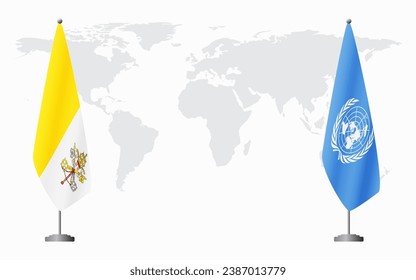 Vatican and United Nations flags for official meeting against background of world map.