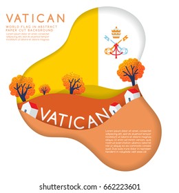 Vatican : World Flag in paper cut shapes with trees and mountains in the layers : Vector Illustration