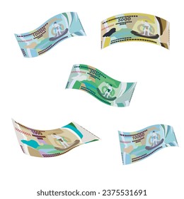 Vatu Vector Illustration. Vanuatu money set bundle banknotes. Falling, flying money 1000, 2000, 5000, 10000 VUV. Flat style. Isolated on white background. Simple minimal design.