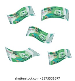 Vatu Vector Illustration. Vanuatu money set bundle banknotes. Falling, flying money 2000 VUV. Flat style. Isolated on white background. Simple minimal design.