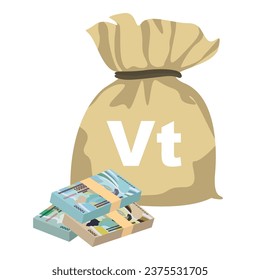 Vatu Vector Illustration. Vanuatu money set bundle banknotes. Money bag 1000, 2000, 5000, 10000 VUV. Flat style. Isolated on white background. Simple minimal design.