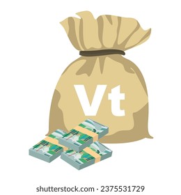 Vatu Vector Illustration. Vanuatu money set bundle banknotes. Money bag 2000 VUV. Flat style. Isolated on white background. Simple minimal design.