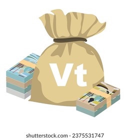 Vatu Vector Illustration. Vanuatu money set bundle banknotes. Money bag 1000, 2000, 5000, 10000 VUV. Flat style. Isolated on white background. Simple minimal design.