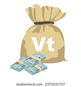 Vatu Vector Illustration. Vanuatu money set bundle banknotes. Money bag 10000 VUV. Flat style. Isolated on white background. Simple minimal design.
