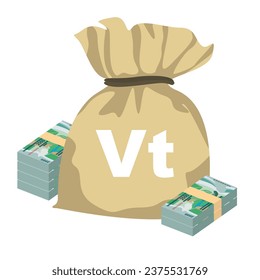 Vatu Vector Illustration. Vanuatu money set bundle banknotes. Money bag 2000 VUV. Flat style. Isolated on white background. Simple minimal design.