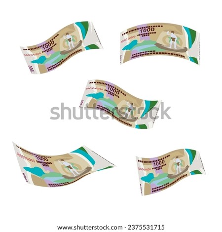 Vatu Vector Illustration. Vanuatu money set bundle banknotes. Falling, flying money 1000 VUV. Flat style. Isolated on white background. Simple minimal design.