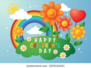 Vature and rainbow for international children's day. Flowers, green grass, rainbow, clouds, sun. Positive background for children