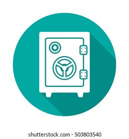 Vault circle icon with long shadow. Flat design style. Safe simple silhouette. Modern, minimalist, round icon in stylish colors. Web site page and mobile app design vector element.