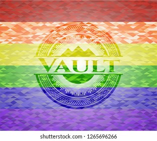 Vault emblem on mosaic background with the colors of the LGBT flag