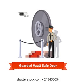 Vault safe door with podium and red carpet fence guarded by an officer in uniform and a security camera. Flat style illustration. 