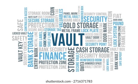 Vault security word cloud design, vault protection theme in blue and gray for finance storage