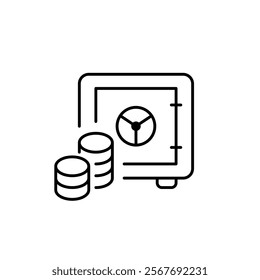 Vault and stacks of coins. Safe management of income and savings. Pixel perfect vector icon
