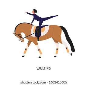Vaulting, horse riding tricks flat vector illustration. Female gymnast cartoon character. Acrobatic riding, equestrian gymnastics competition concept. Horse and acrobat isolated on white background.