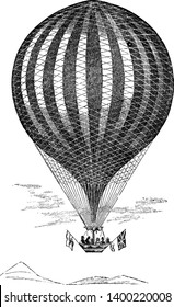 Vauxhall Balloon is a hot air balloon invented by Charles Green used to travel from London to Weilburg, vintage line drawing or engraving illustration.