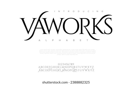 Vaworks premium luxury elegant alphabet letters and numbers. Elegant wedding typography classic serif font decorative vintage retro. Creative vector illustration