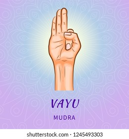 Vayu mudra - gesture in yoga fingers. Symbol in Buddhism or Hinduism concept. Yoga technique for meditation. Promote physical and mental health. Vector illustration