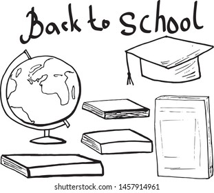 vback to school poster with books, notebooks and a globe. doodle vector illustration for stickers and cards