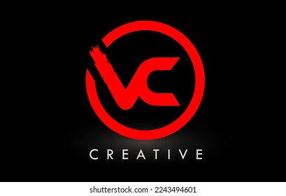 VC Brush Letter Logo Design with Red Circle. Creative Brushed Letters Icon Logo.