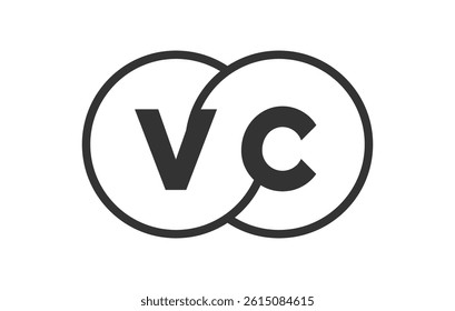 VC business company emblem with outline rounds and letters v c. Logo template of two merged circles for brand identity, logotype. Vector Infinity symbol  and technology sign.