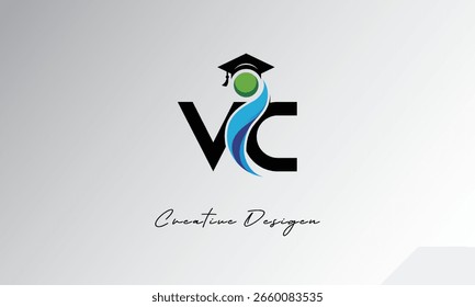 Logotipo creativo de la letra del VC con el casquillo de la graduación y el humano Abstractas – Educación moderna y diseño del símbolo del aprendizaje