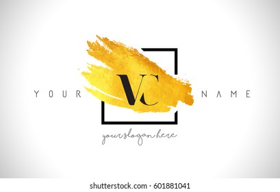 VC Golden Letter Logo Design with Creative Gold Brush Stroke and Black Frame.