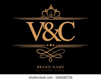 V&C Initial logo, Ampersand initial logo gold with crown and classic pattern