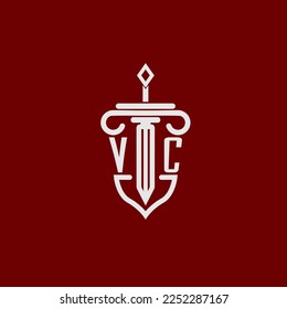 VC initial logo monogram design for legal lawyer vector image with sword and shield