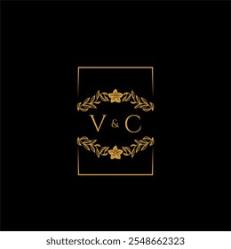 Decoração do monograma inicial do VC para o logotipo do casamento com a linha quadrada criativa