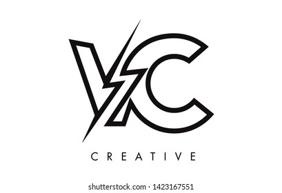 VC Letter Logo Design With Lighting Thunder Bolt. Electric Bolt Letter Logo Vector Illustration.
