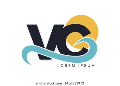 VC letter logo with ocean waves and sunset. Beach concept design