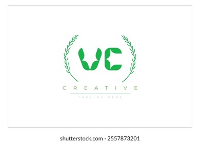 VC letters eco logo with leaf. Fresh nature and healthy leaf logo design.