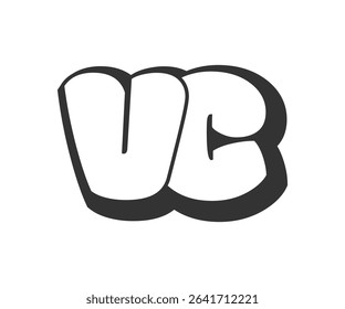 VC logo, bubble comic lettering, rounded in graffiti style black and white silhouette. Trendy preschool V and C letter text for festival party, personal initials, children funky print and web.
